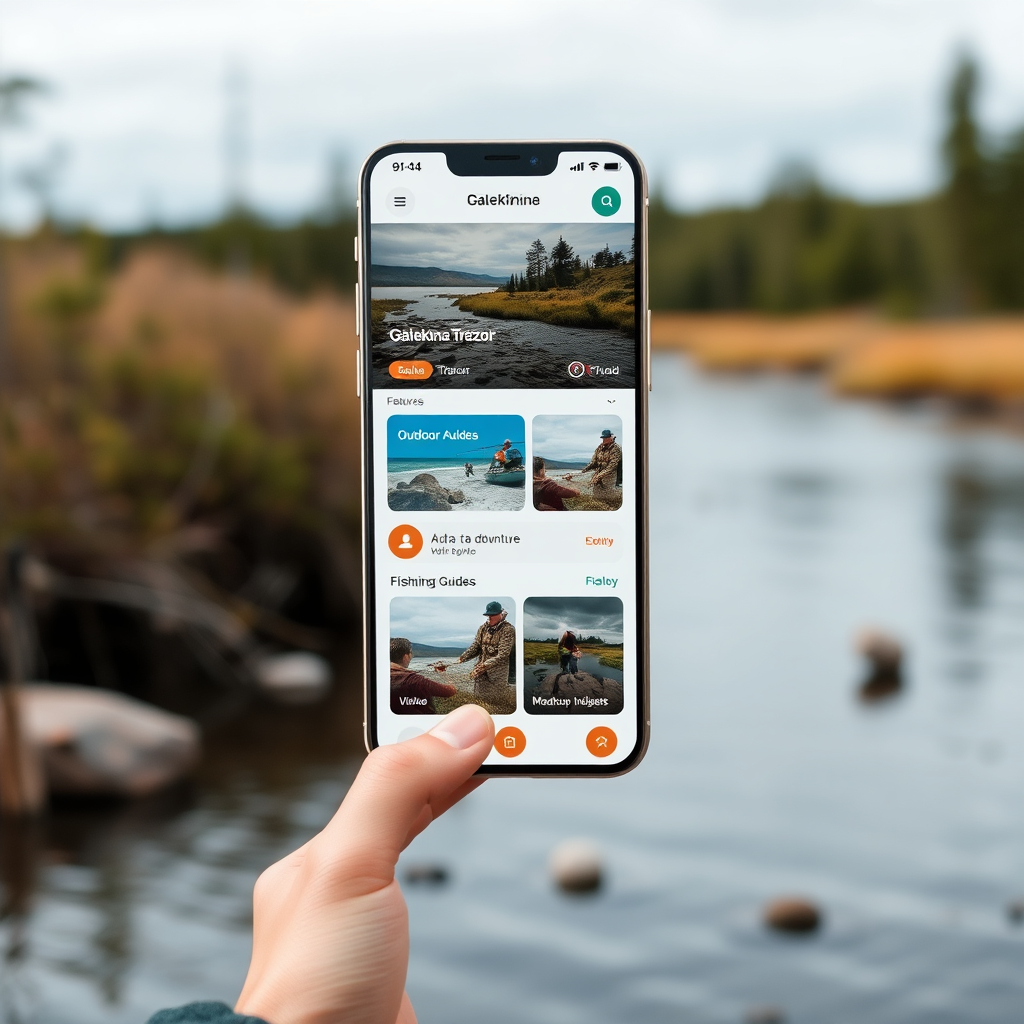 Galekkina Trezor mobile app interface showing outdoor adventure features and fishing guides on a smartphone screen