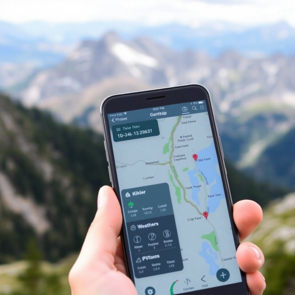 Modern smartphone displaying outdoor adventure planning app with interactive map showing hiking trails, weather data, and GPS coordinates overlaid on a scenic mountain landscape background