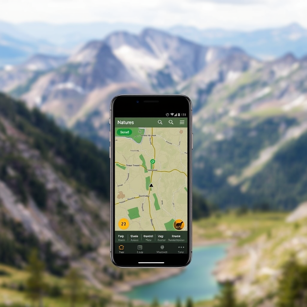 Modern smartphone displaying an interactive nature guide app with GPS mapping, species identification features, and trail information overlaid on a scenic mountain landscape background
