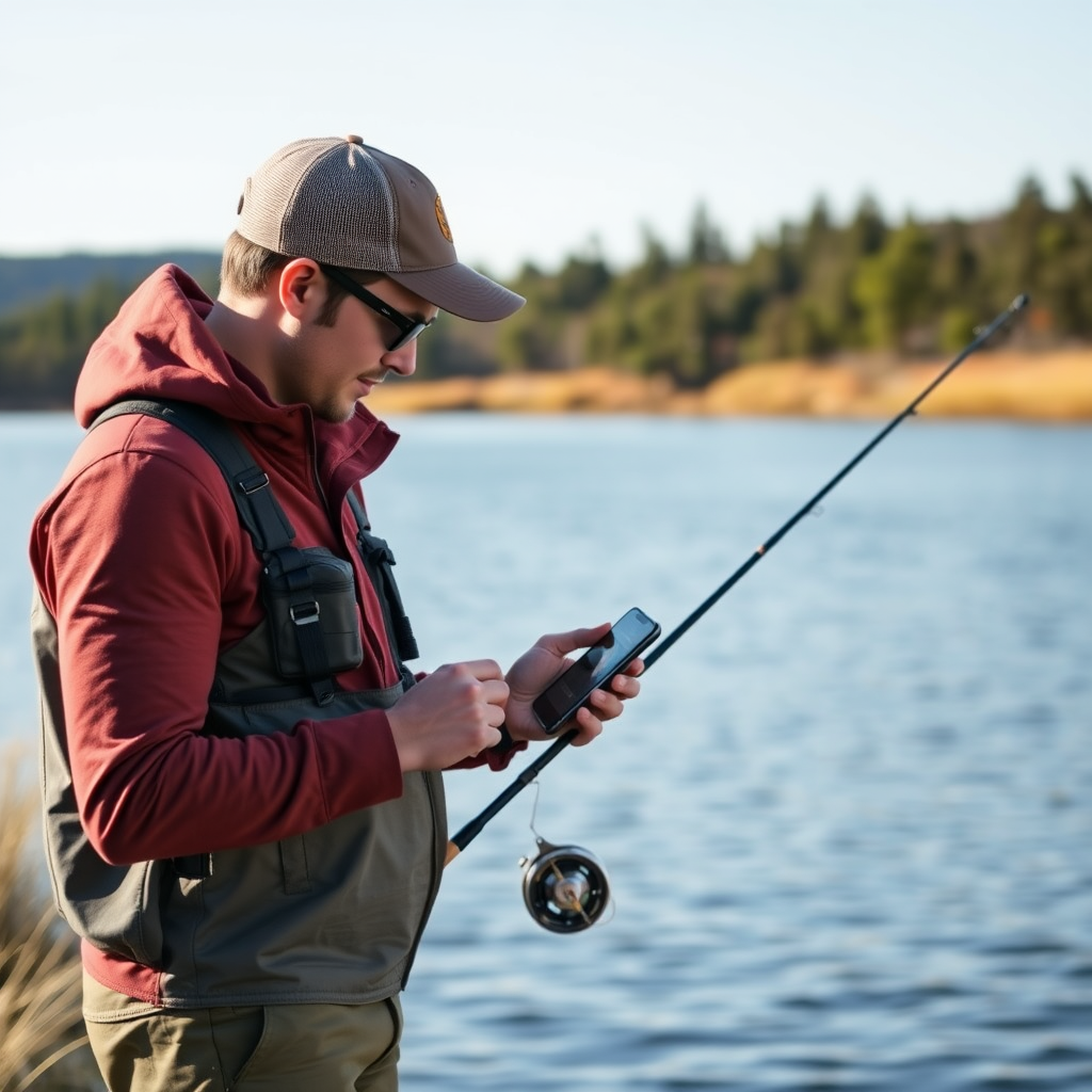 Modern angler using a digital fishing app on smartphone while standing by a serene lake with fishing rod, showing the integration of technology in outdoor fishing activities