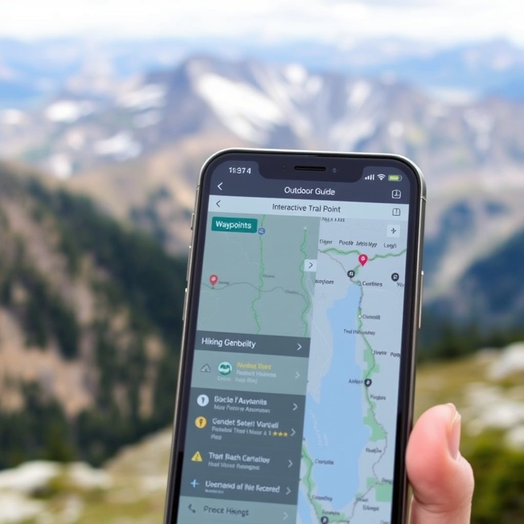 Digital outdoor guide interface showing interactive trail maps with waypoints, GPS navigation, and detailed hiking information displayed on a mobile device screen against a mountain landscape background