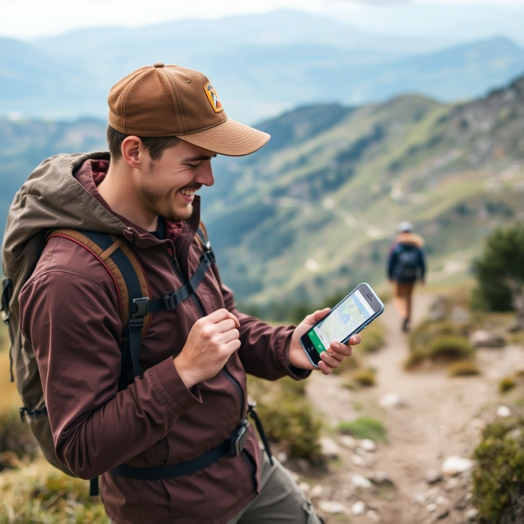 Outdoor enthusiast using interactive digital guide on mobile device while hiking on mountain trail with GPS navigation and scenic wilderness landscape