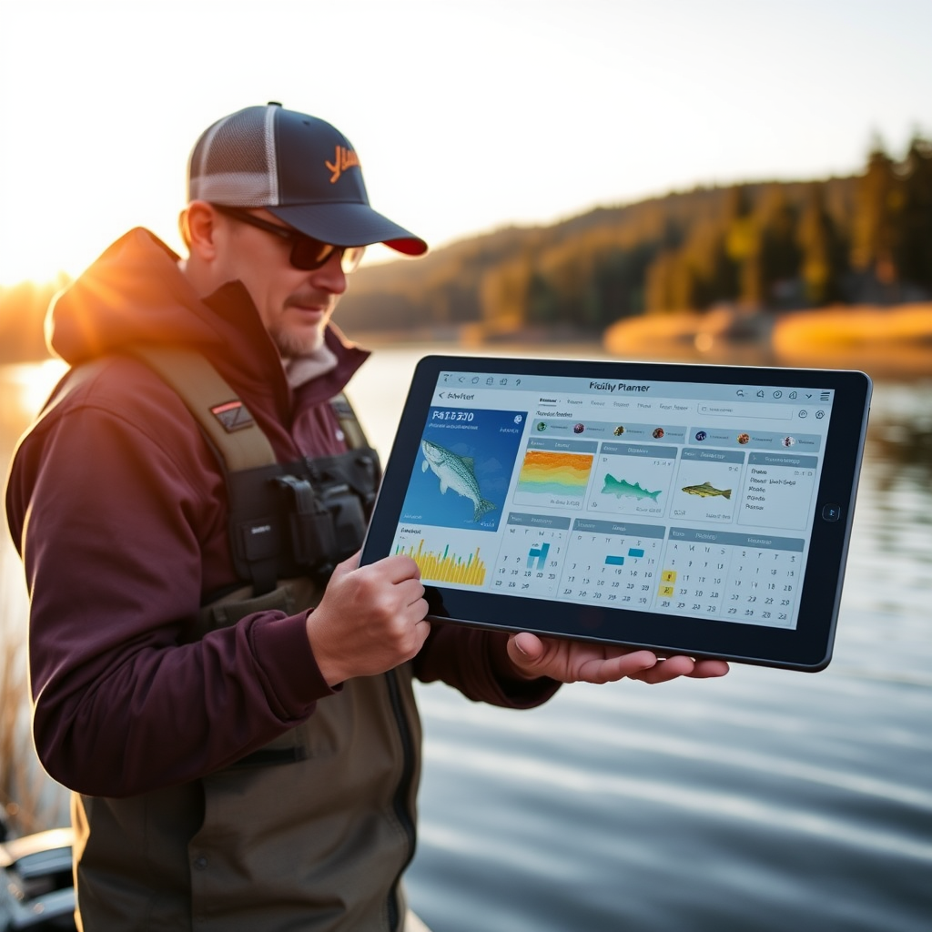 Professional fishing activity planner dashboard showing weather maps, fish species data, and seasonal calendars on a tablet device held by an angler at sunrise by a pristine lake