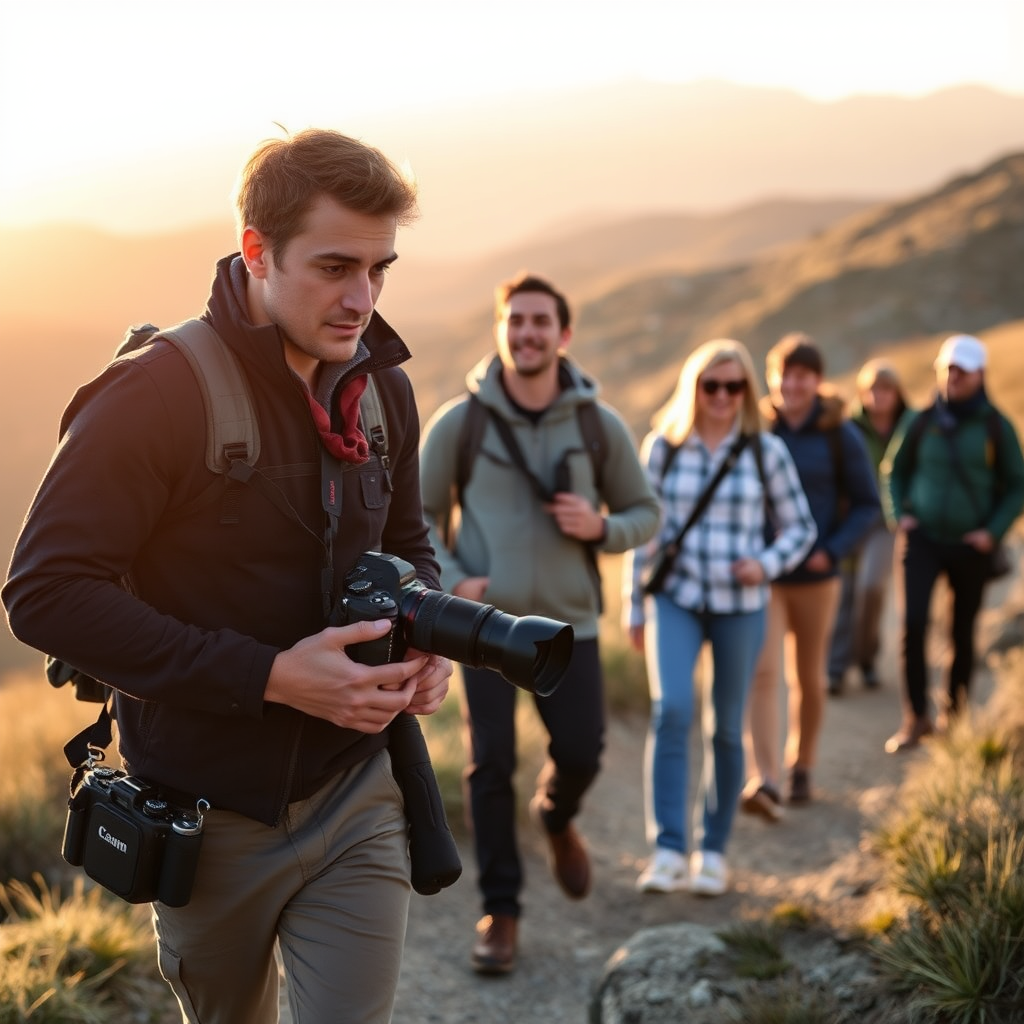 Professional photographer with camera equipment leading a small group of enthusiasts through a scenic mountain landscape at golden hour