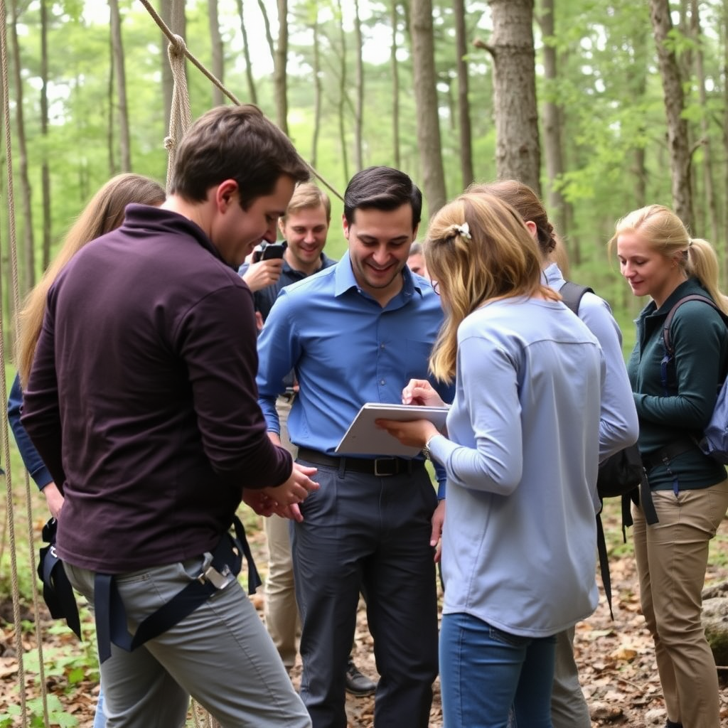 Corporate team participating in outdoor adventure activities including rope climbing, nature exploration, and collaborative problem-solving exercises in a forest setting