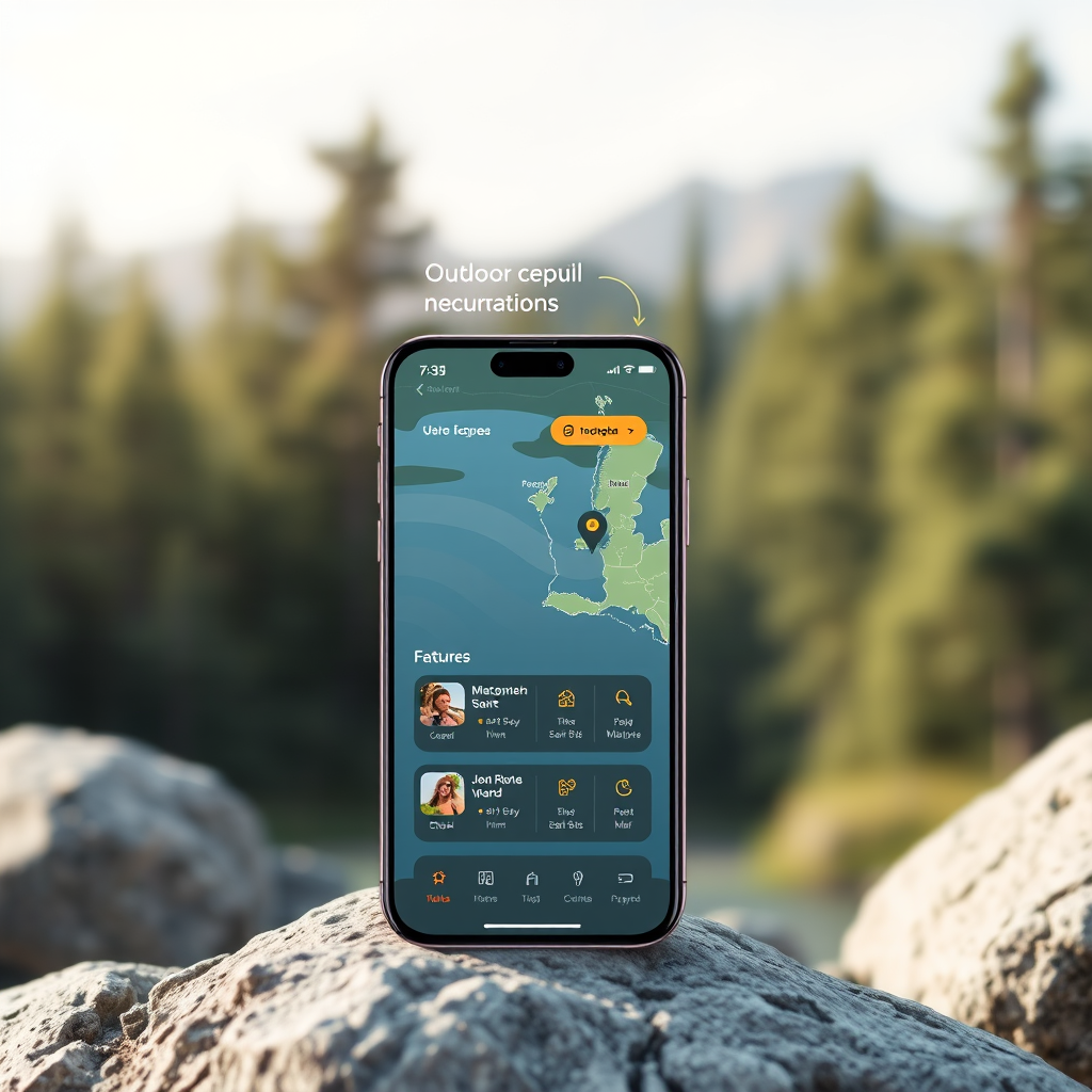 Mobile app development consulting showing outdoor recreation app interface design with location-based features and user engagement elements