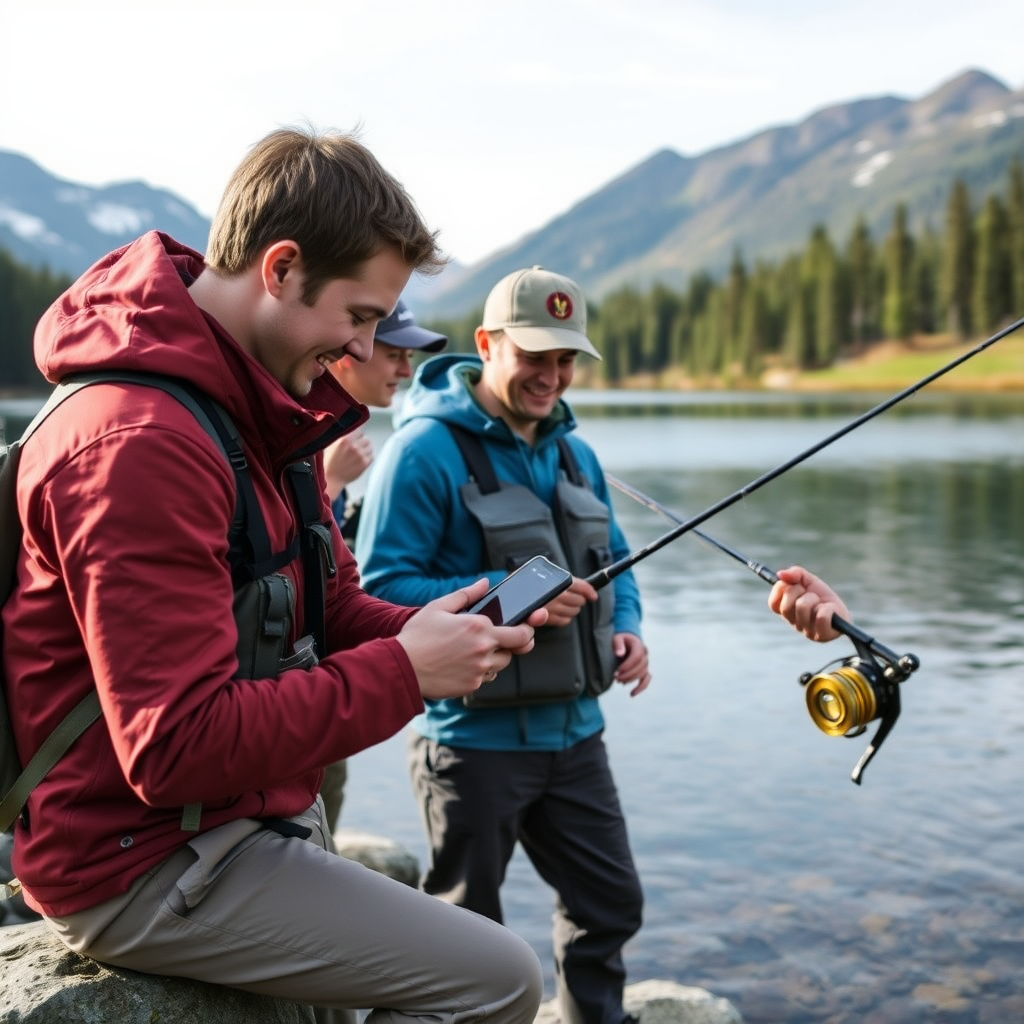 Group of outdoor enthusiasts using Galekkina Trezor app while fishing by a serene lake surrounded by mountains and forest