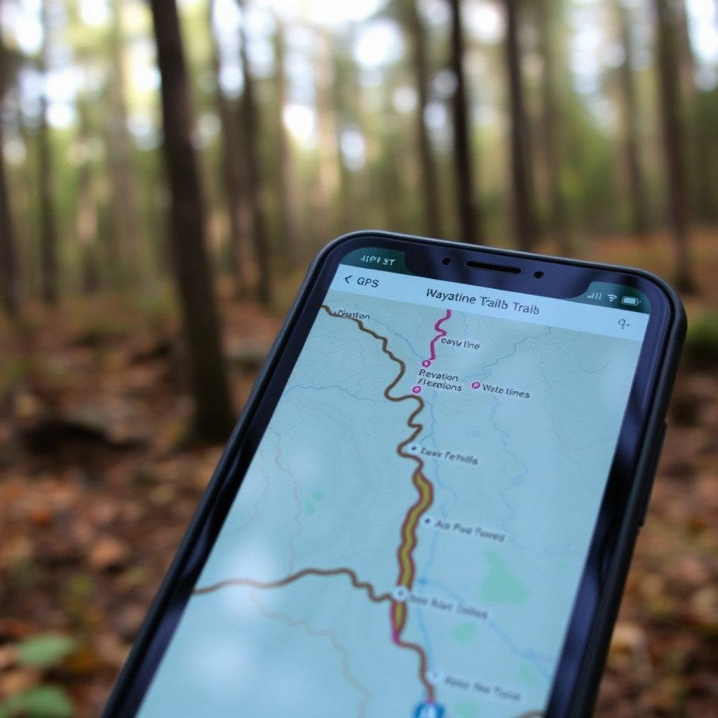 Close-up view of a smartphone screen showing detailed GPS trail navigation with elevation profiles, waypoints, and real-time location tracking in a forest setting
