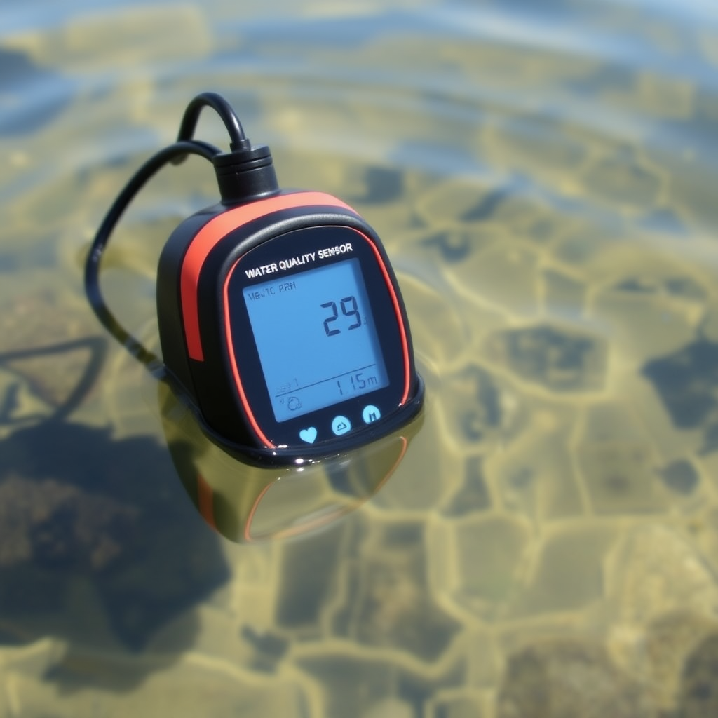 Digital water quality sensor device floating in clear lake water measuring temperature, pH, and oxygen levels with data display screen