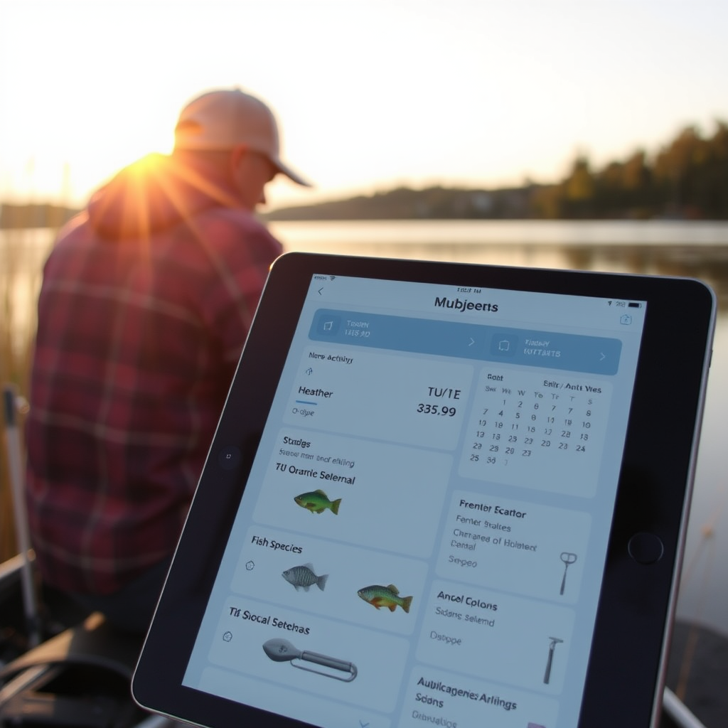 Fishing activity planning app interface displaying weather conditions, fish species information, seasonal calendar, and equipment recommendations on a tablet screen beside a peaceful lake at sunrise
