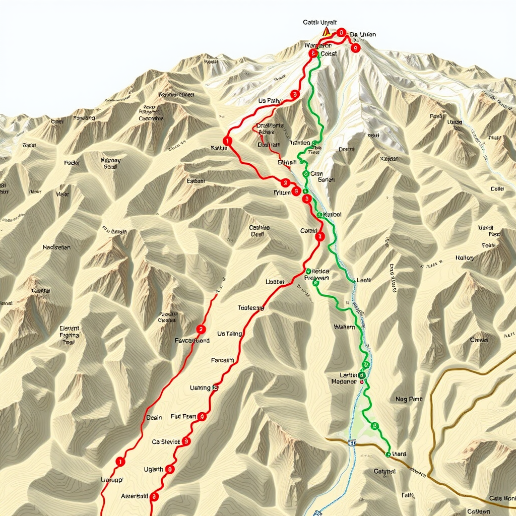 Detailed topographic trail map showing elevation contours, waypoints, difficulty markers, and points of interest for hiking navigation