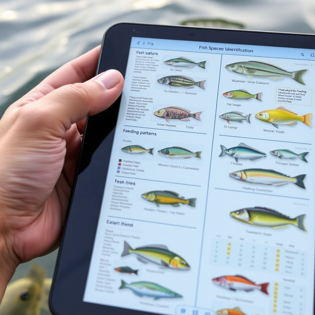 Detailed fish species identification guide showing various freshwater and saltwater fish with habitat information, feeding patterns, and seasonal behavior charts displayed on a waterproof tablet