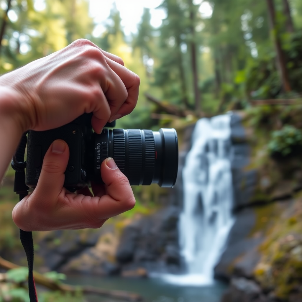 Close-up of hands adjusting camera settings with a beautiful forest waterfall in the background during a photography lesson