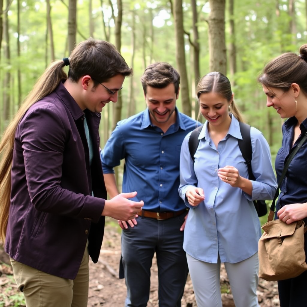 Business professionals engaged in outdoor team building activities showing improved communication, leadership skills, and collaborative problem-solving in a natural forest environment
