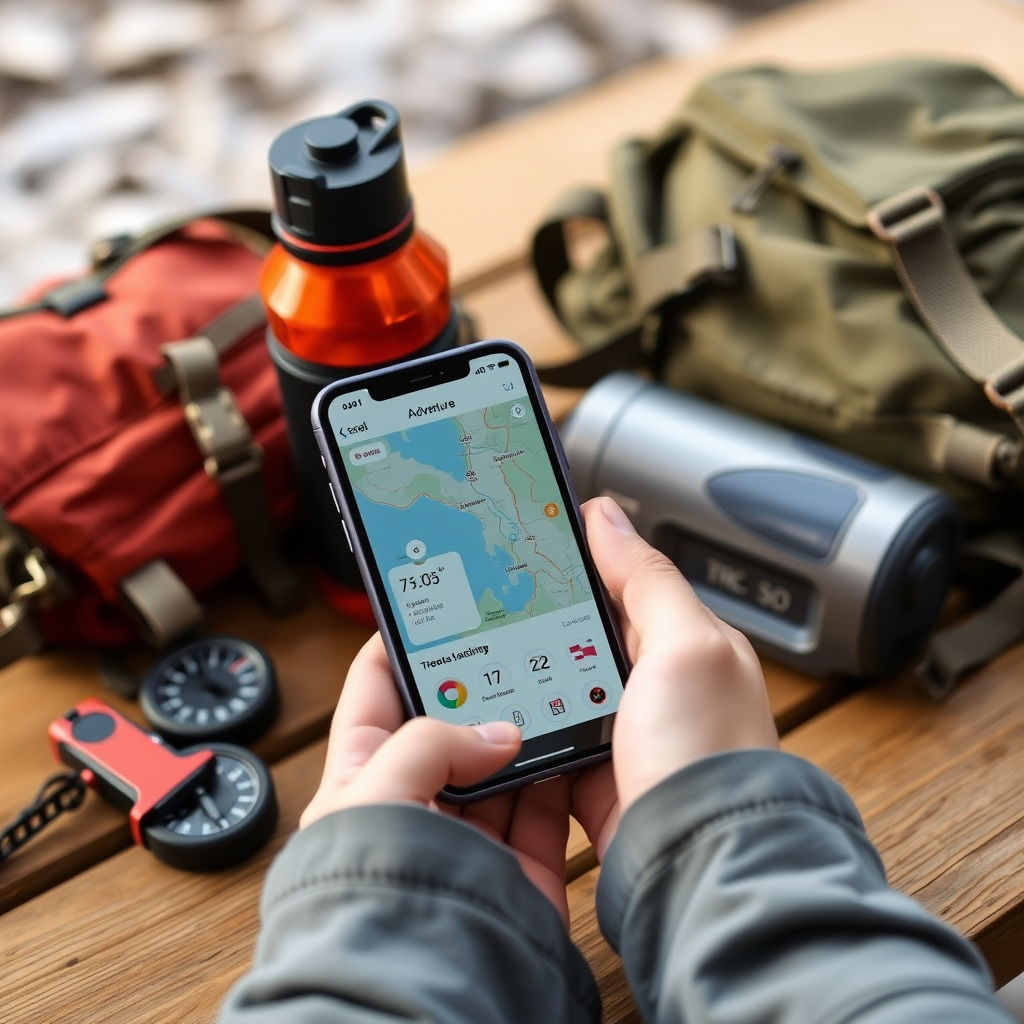 Modern smartphone displaying outdoor adventure planning app with interactive maps, weather data, and trail information on screen, surrounded by hiking gear including compass, water bottle, and backpack on wooden outdoor table
