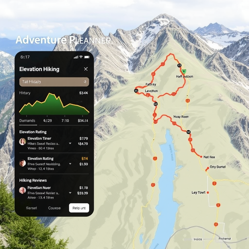 Adventure planning app interface displaying interactive trail map with elevation profile, difficulty ratings, estimated completion times, and user reviews for hiking routes