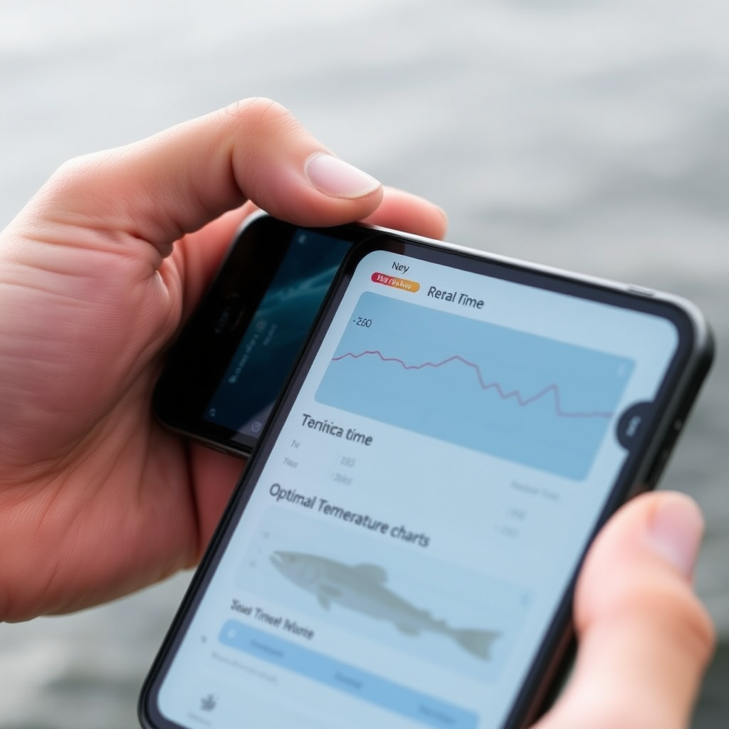 Smartphone screen showing fishing app interface with real-time water condition charts, temperature graphs, and optimal fishing time recommendations