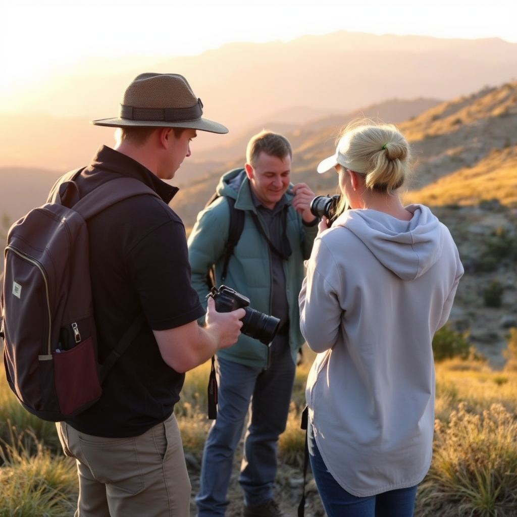 Professional nature photographer guiding a small group through a scenic mountain landscape, teaching camera techniques while capturing wildlife and stunning natural vistas during golden hour lighting