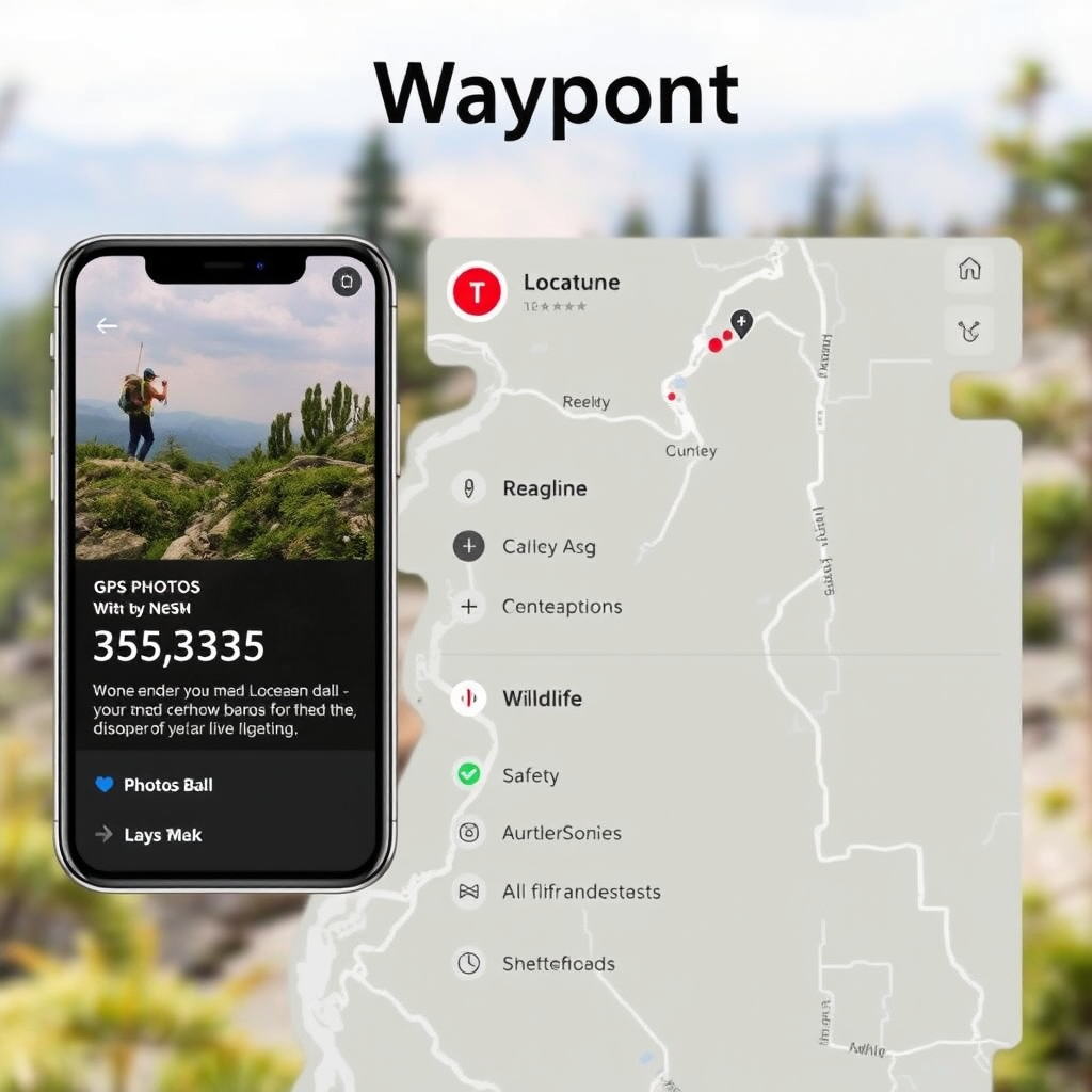Interactive GPS waypoint interface showing location photos, coordinates, safety information, and wildlife details for outdoor navigation