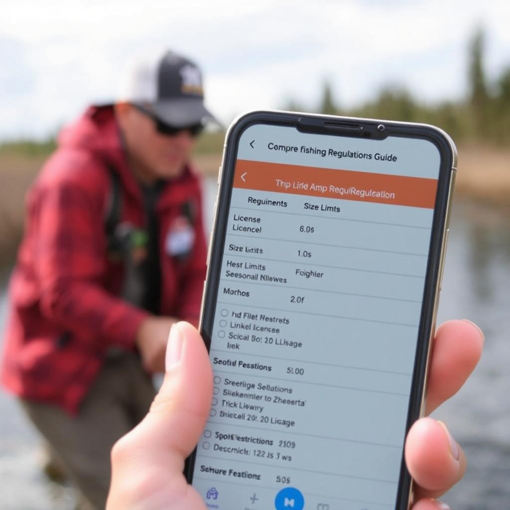 Comprehensive fishing regulations guide showing license requirements, size limits, bag limits, and seasonal restrictions displayed on a smartphone app interface with GPS location services