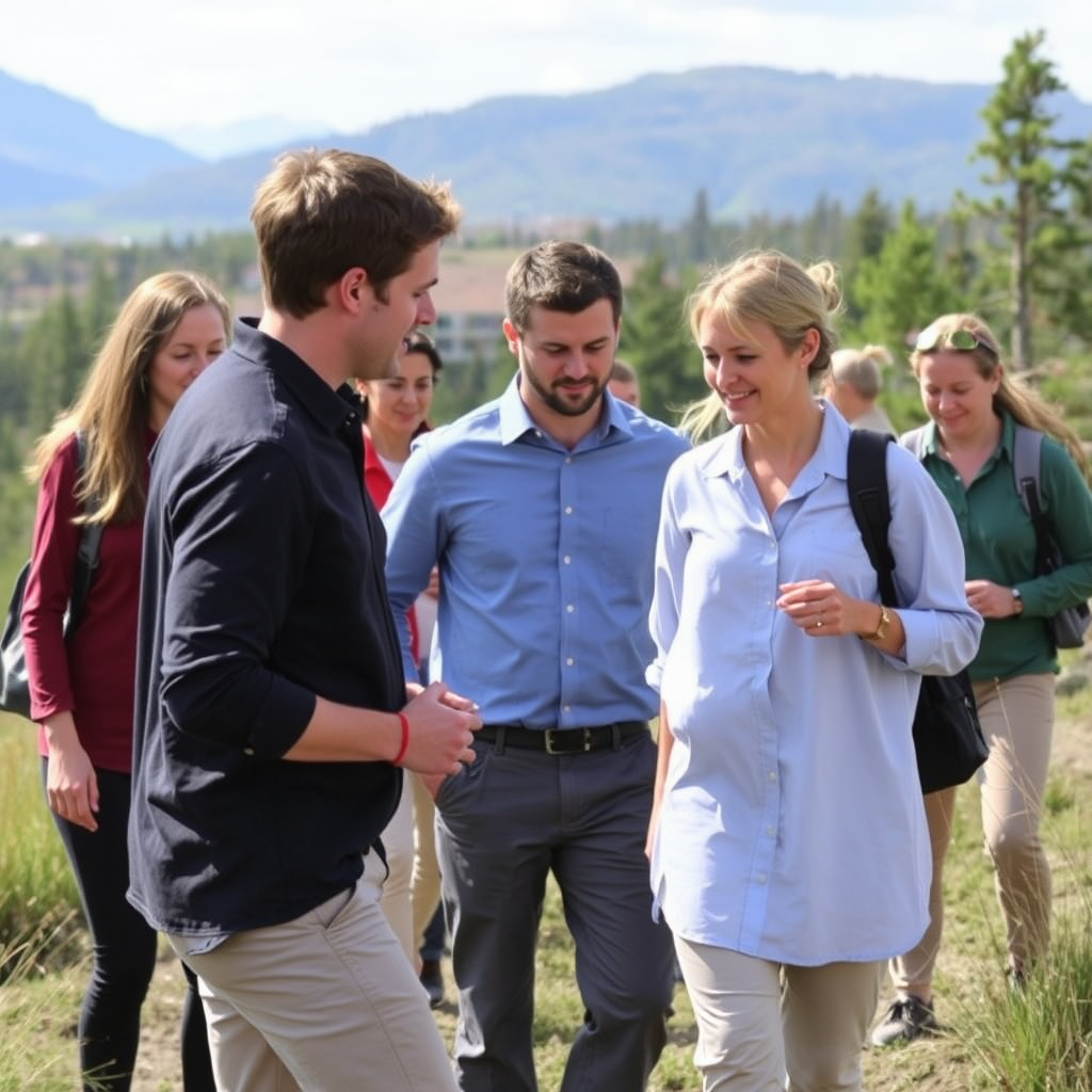 Corporate team participating in half-day outdoor activities including trust exercises, nature walks, and collaborative challenges in a scenic outdoor setting