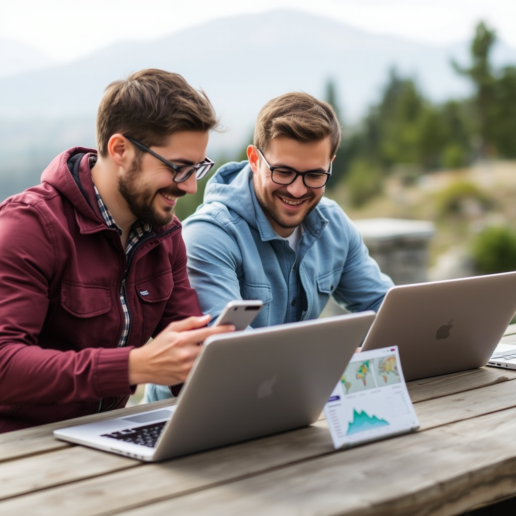 Mobile app consulting team working on outdoor recreation app development with laptops showing user interface designs, location-based features, and engagement analytics