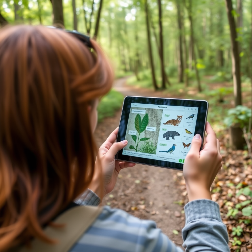 Person using tablet with interactive nature guide app showing detailed plant and animal identification features while exploring forest trail, with augmented reality overlay displaying species information and educational content
