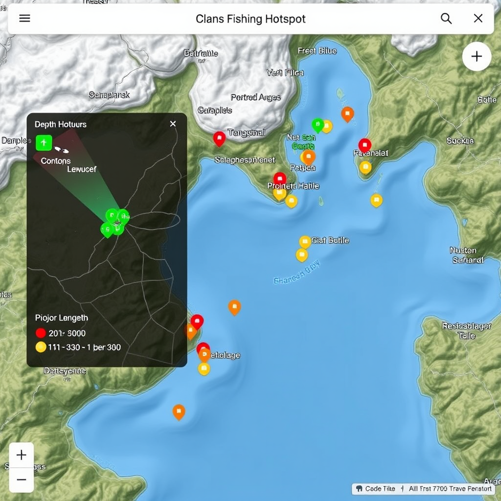 Interactive digital fishing map displaying GPS fishing hotspots, weather overlay, depth contours, and recommended fishing locations with success rate indicators