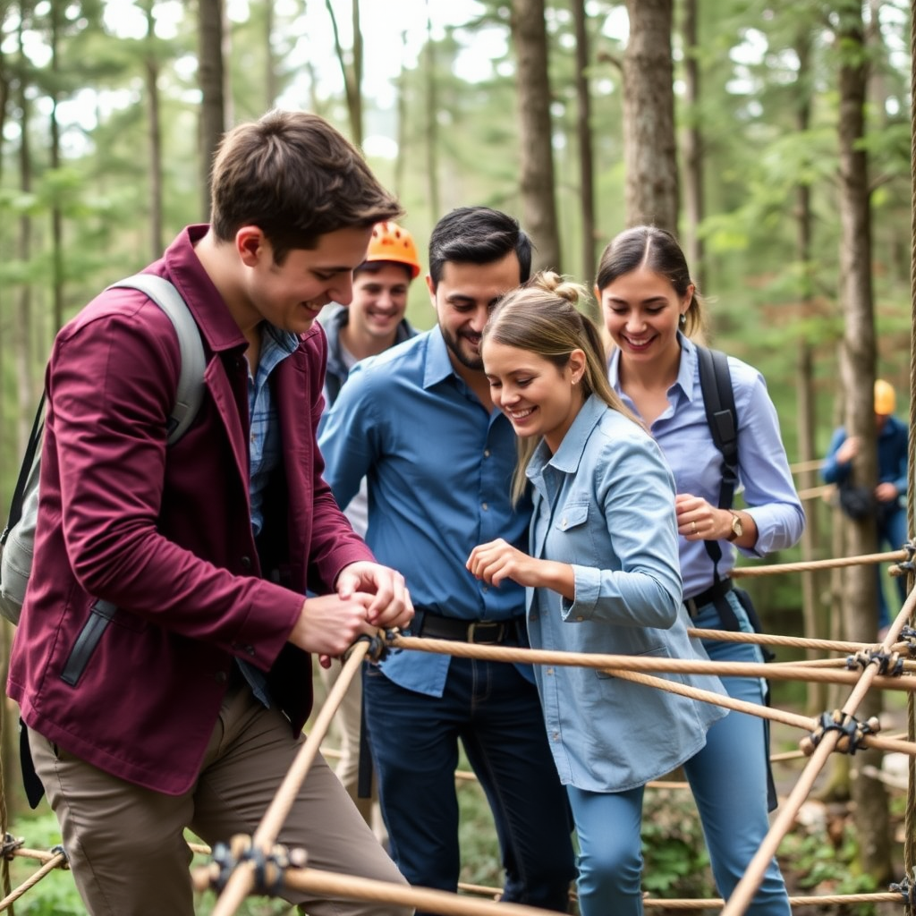 Corporate team building adventure showing business professionals working together on outdoor challenges, rope courses, and collaborative problem-solving activities in a forest setting with team spirit and engagement