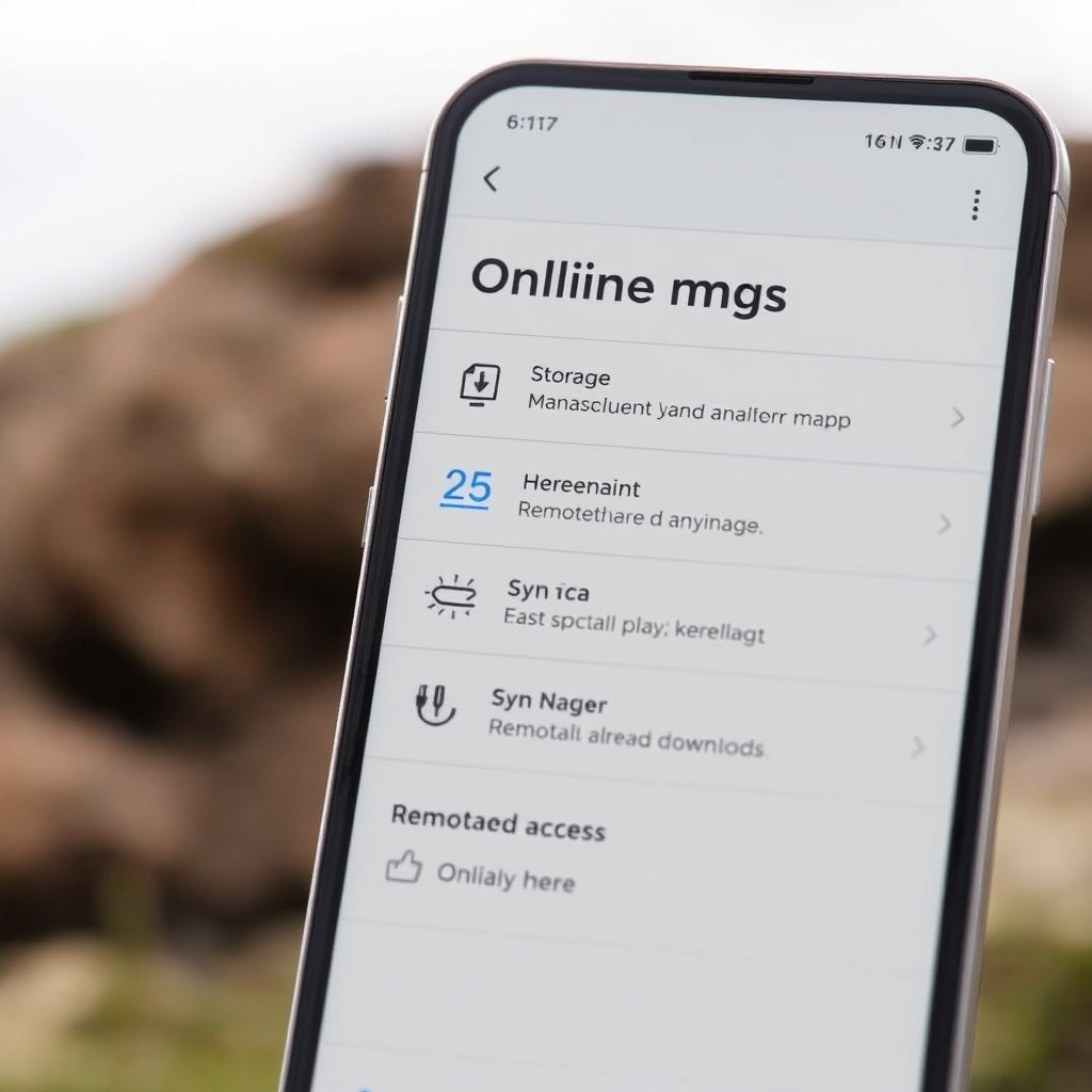 Mobile app interface showing offline map download options with storage management and sync capabilities for remote area access
