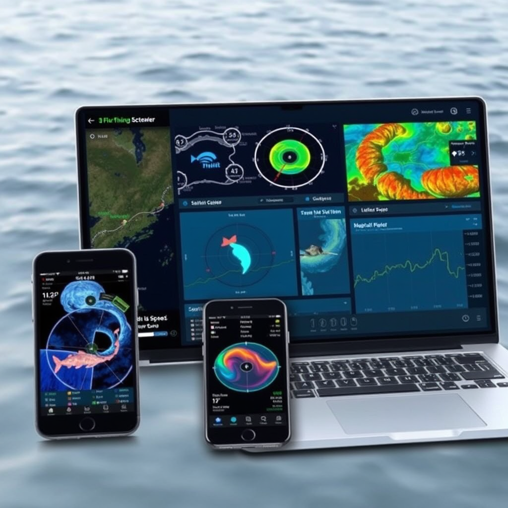 Advanced fishing technology dashboard showing satellite imagery, weather radar, fish finder sonar data, and AI-powered predictions displayed on multiple connected devices including smartphone, tablet, and laptop