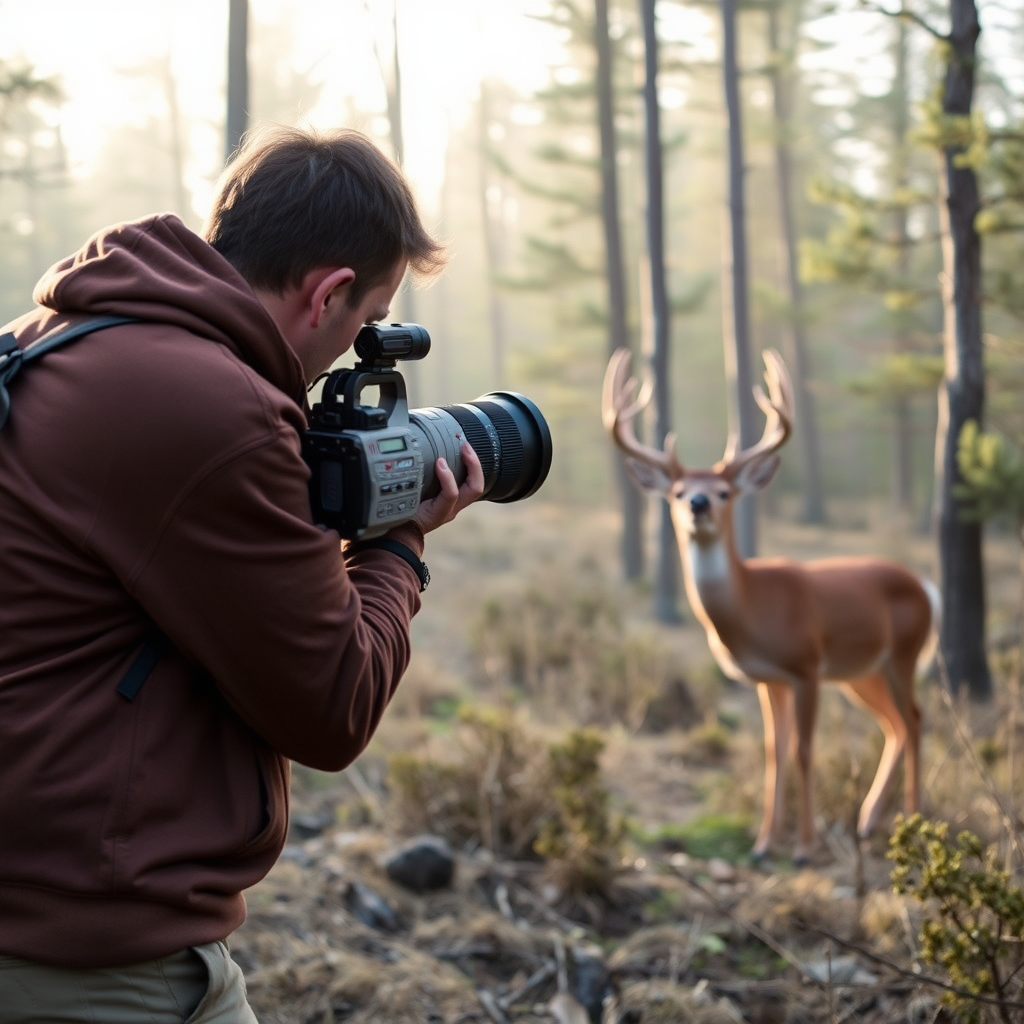 Wildlife photographer with telephoto lens capturing deer in natural forest habitat during early morning