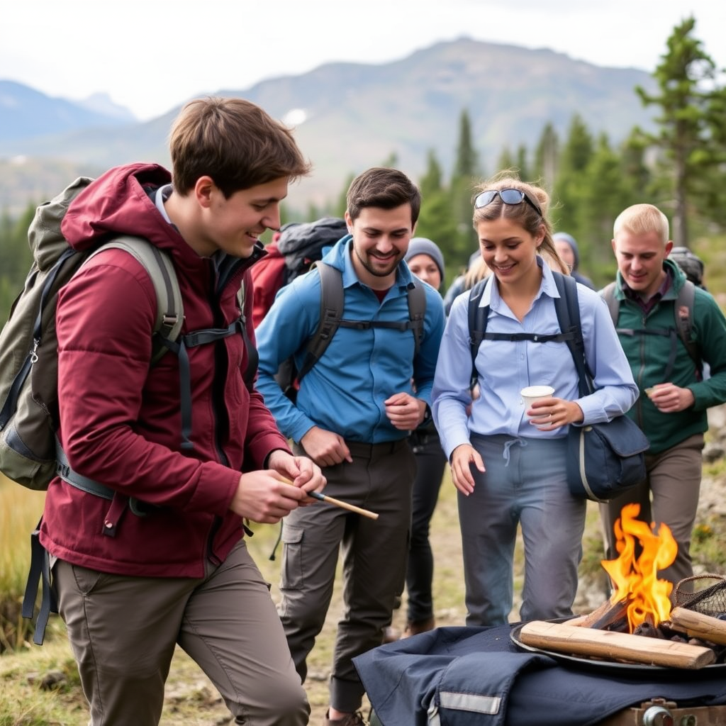Corporate team engaged in full-day outdoor expedition featuring hiking, team challenges, outdoor cooking, and leadership development activities in wilderness setting