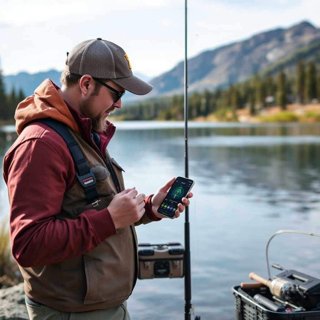 Angler using smartphone with advanced fishing app displaying water temperature, fish species identification, and location recommendations while standing by pristine lake with fishing rod and tackle box, mountains in background
