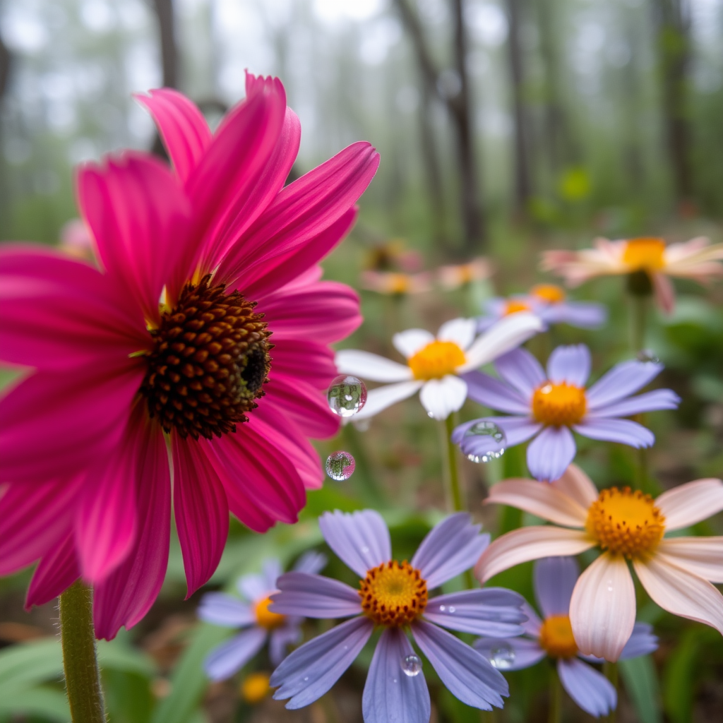 Macro photographer capturing detailed close-up of colorful wildflowers with dewdrops in forest setting