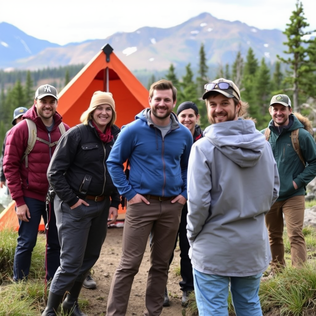 Corporate team at multi-day outdoor retreat featuring camping, extended team building activities, leadership workshops, and nature immersion experiences in mountain wilderness