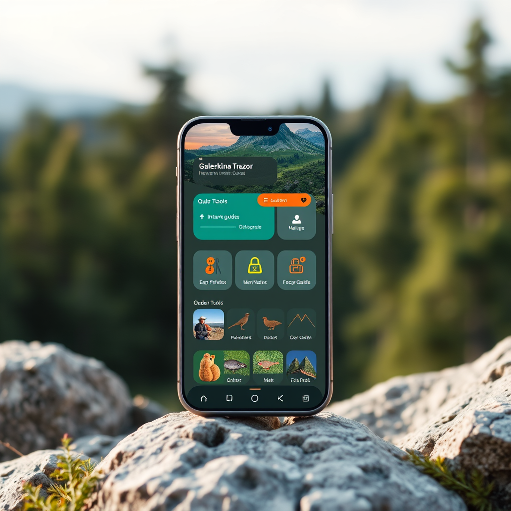 Galekkina Trezor mobile app interface showcasing innovative outdoor tools, interactive guides, and vibrant user interface designed for nature enthusiasts and outdoor adventure planning