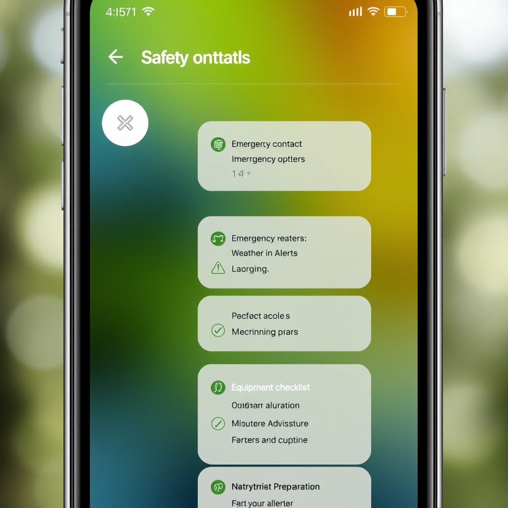 Mobile app safety planning interface showing emergency contact setup, weather monitoring alerts, and equipment checklist for outdoor adventure preparation