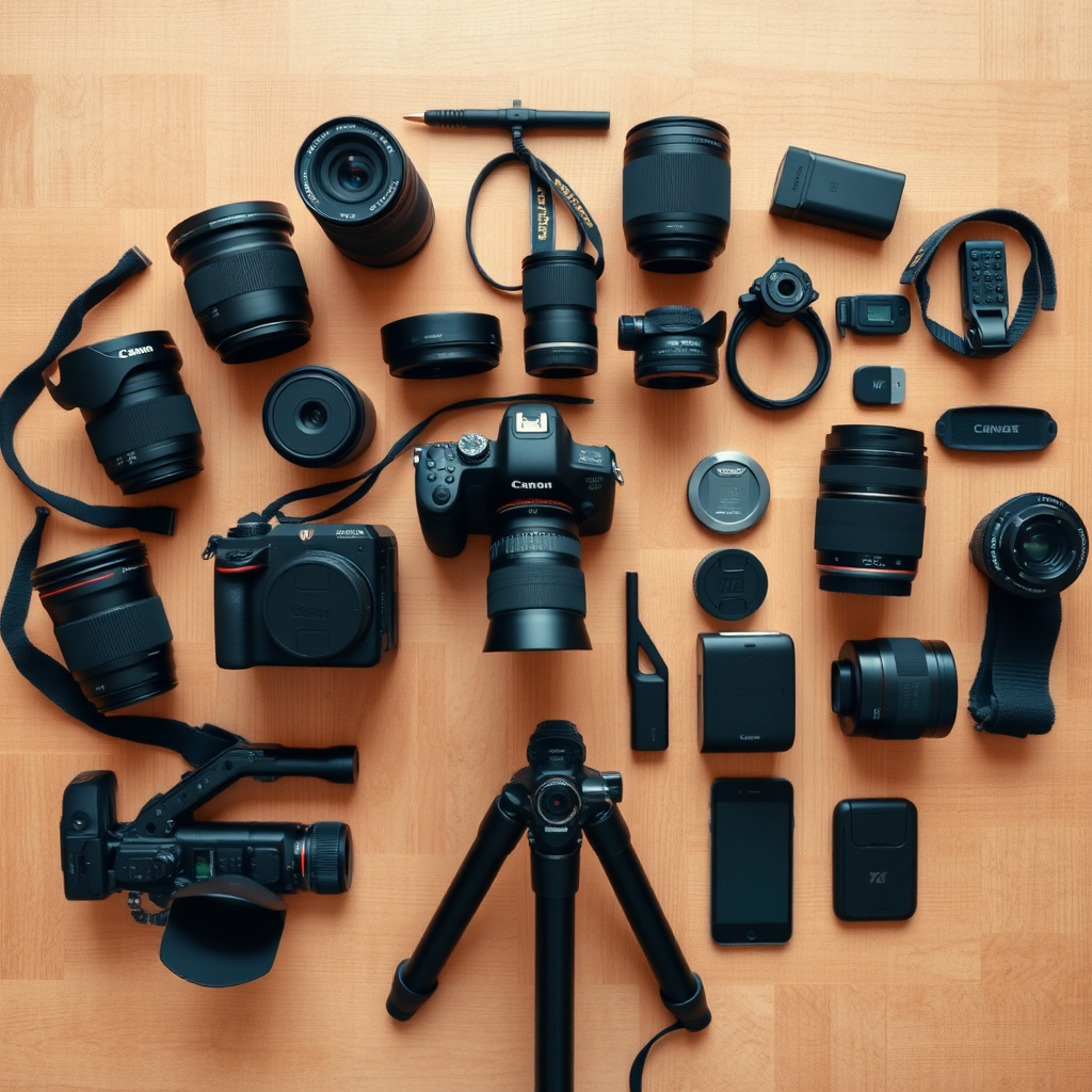 Professional camera equipment laid out on wooden table including DSLR camera various lenses tripod and photography accessories