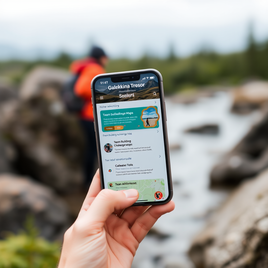Mobile phone displaying Galekkina Trezor app interface with interactive outdoor adventure guides, team building challenge maps, and collaborative tools for corporate team building activities