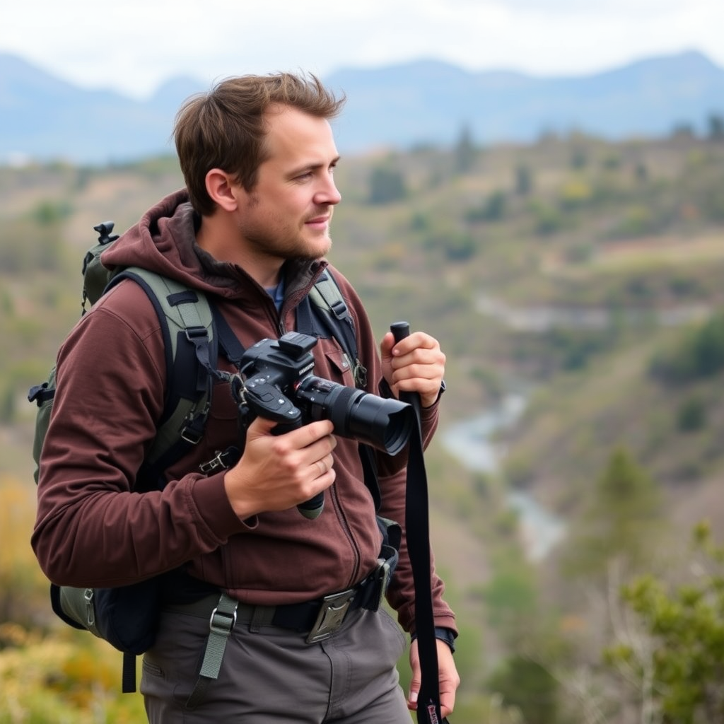 Professional nature photographer with camera equipment standing in scenic outdoor location wearing outdoor gear