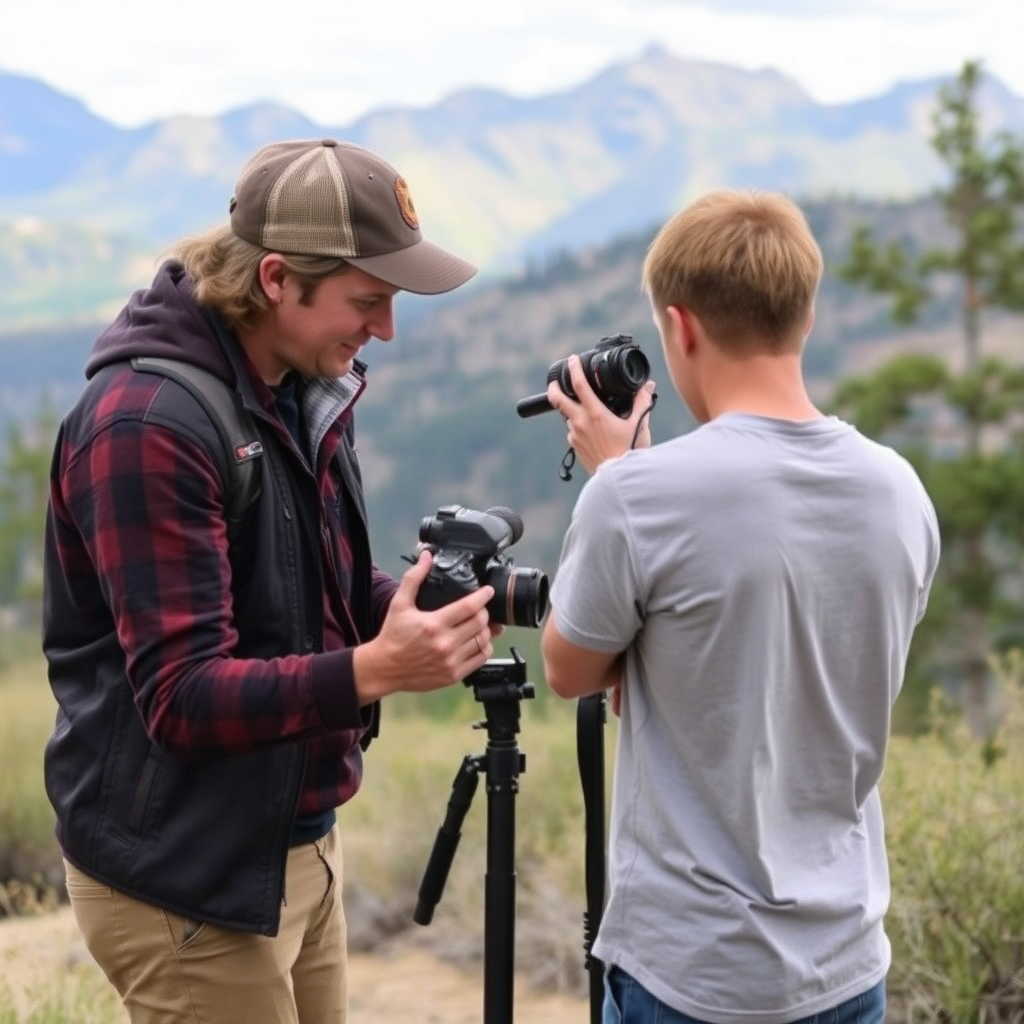 Photography instructor teaching camera settings to student in beautiful natural outdoor setting with mountains